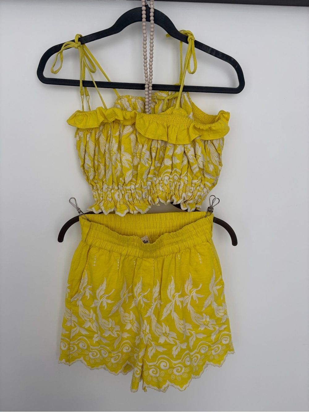 Smocked Crop Top with Tassel Straps and Shorts Set - 100% Linen